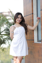 White short dress with square neckline by Imagine by Shiwali, featuring crepe cotton fabric and a sleek, minimalist design.