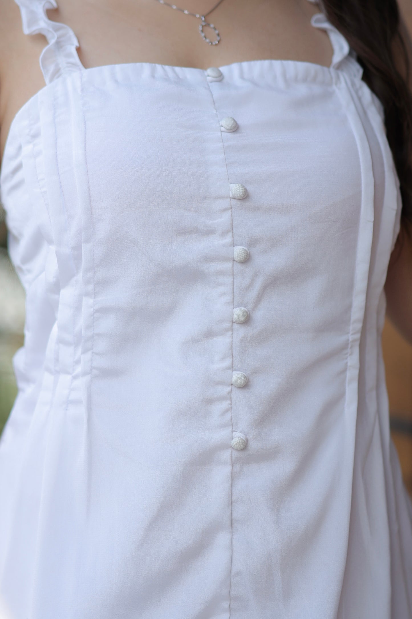 White short dress with square neckline by Imagine By Shiwali, featuring crepe cotton lining and a sleek, stylish design.