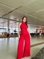 Crinkled cherry red co-ord set by Imagine By Shiwali, featuring a stylish, textured matching top and pants ensemble.