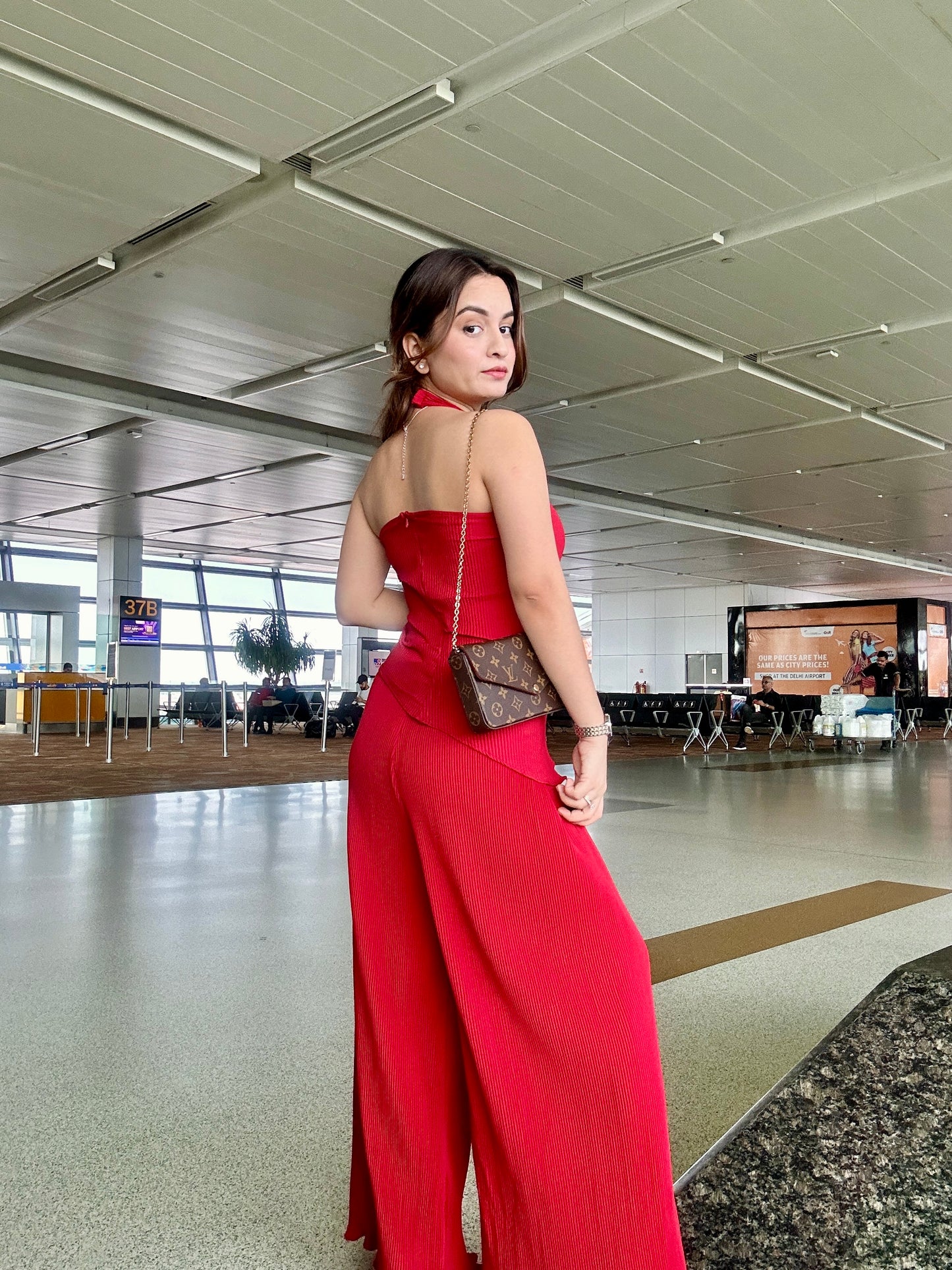 Cherry red crinkled co-ord set by Imagine By Shiwali, featuring a stylish matching top and bottoms in a textured fabric.
