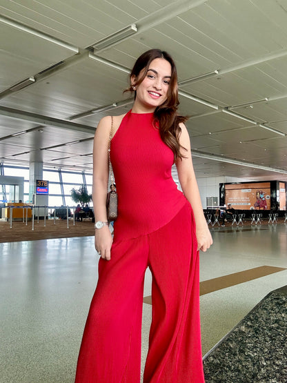 Crinkled cherry red co-ord set by Imagine by Shiwali, featuring a matching top and pants in a textured fabric.