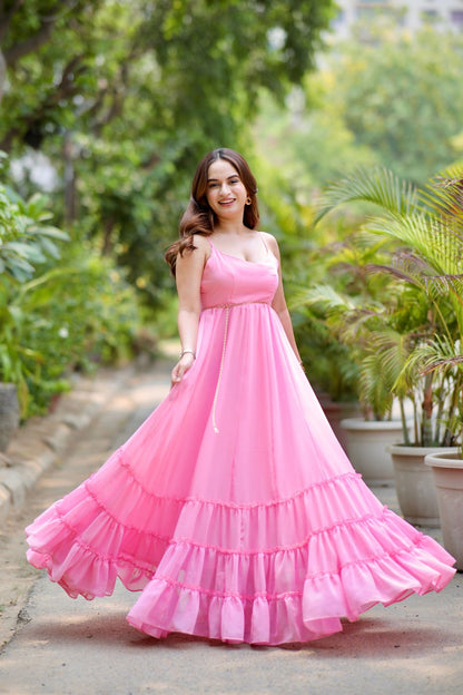 Pink Diya Gown by Imagine by Shiwali, featuring elegant fabric and intricate design, displayed on a mannequin.