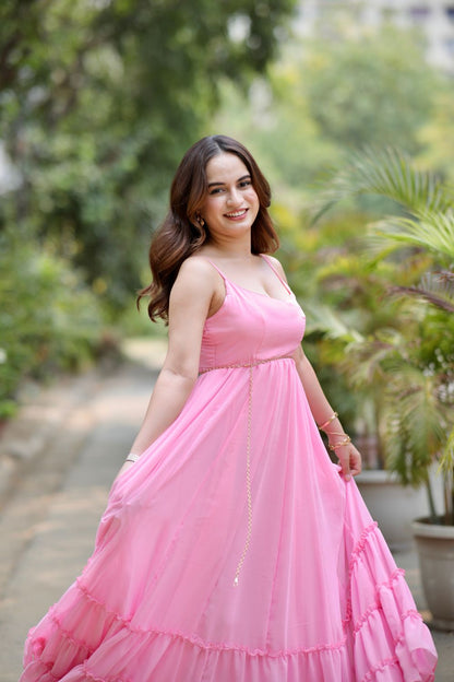 Pink Diya gown by Imagine By Shiwali featuring intricate embroidery and flowy fabric, perfect for festive or special occasions.