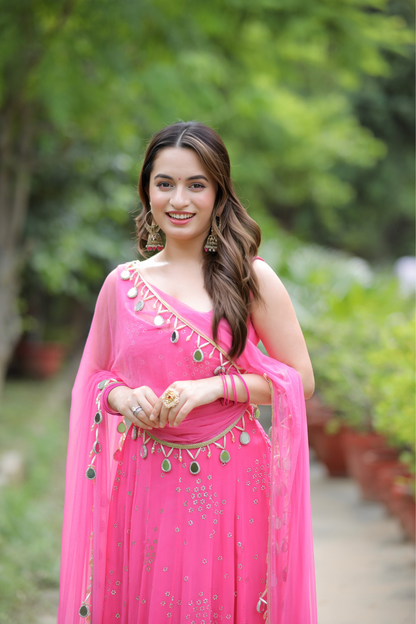 Pink Dolly Anarkali dress by Imagine By Shiwali, featuring intricate embroidery and flowing fabric, displayed on a mannequin.