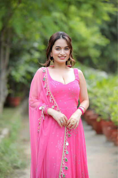 Dolly Pink Anarkali dress by Imagine By Shiwali, featuring intricate embroidery and flowing fabric, perfect for traditional occasions.
