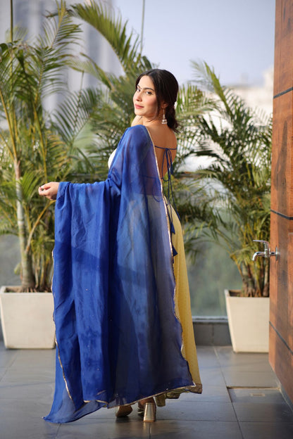 Yellow Madhubala Anarkali suit by Imagine By Shiwali, featuring georgette fabric with dupatta and shantoon lining.