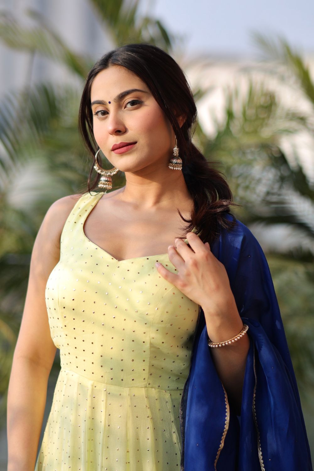 Yellow Madhubala Anarkali suit by Imagine By Shiwali with georgette fabric, shantoon lining, and matching dupatta.