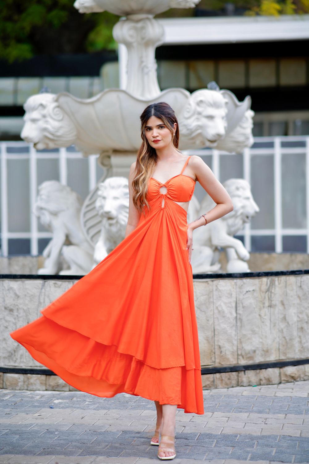 Orange Isabella Cutout Dress by Imagine By Shiwali, front view showing stylish cutout design and sleeveless fit.