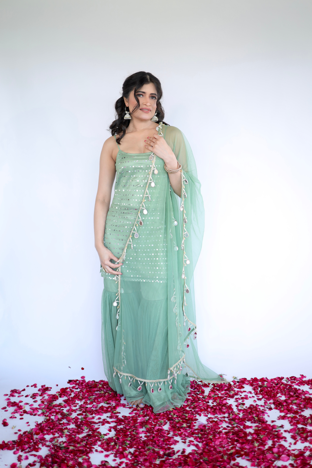 Green Keeva Sharara set by Imagine By Shiwali, featuring a traditional kurta with matching sharara pants and intricate embroidery.