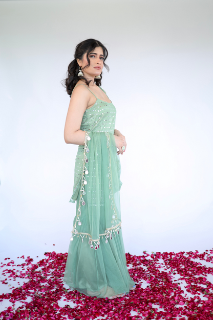 Imagine by Shiwali Keeva Green Sharara Set featuring a traditional kurta with matching sharara pants and intricate embroidery.