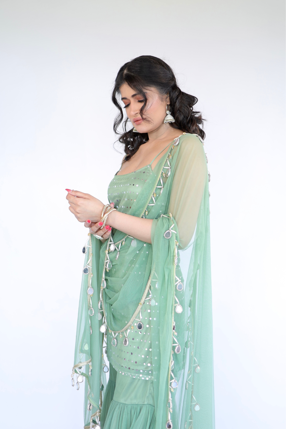 Imagine by Shiwali Keeva Green Sharara Set with intricate embroidery and matching dupatta, traditional Indian ethnic wear.