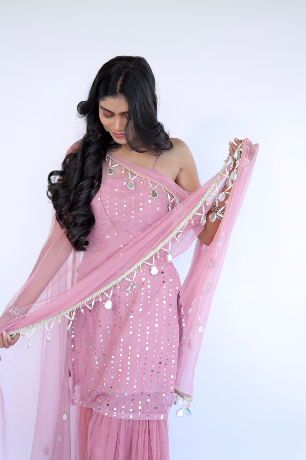 Soft pink Keeva Sharara Set by Imagine By Shiwali featuring a flowy kurta and matching wide-leg pants for a traditional look.