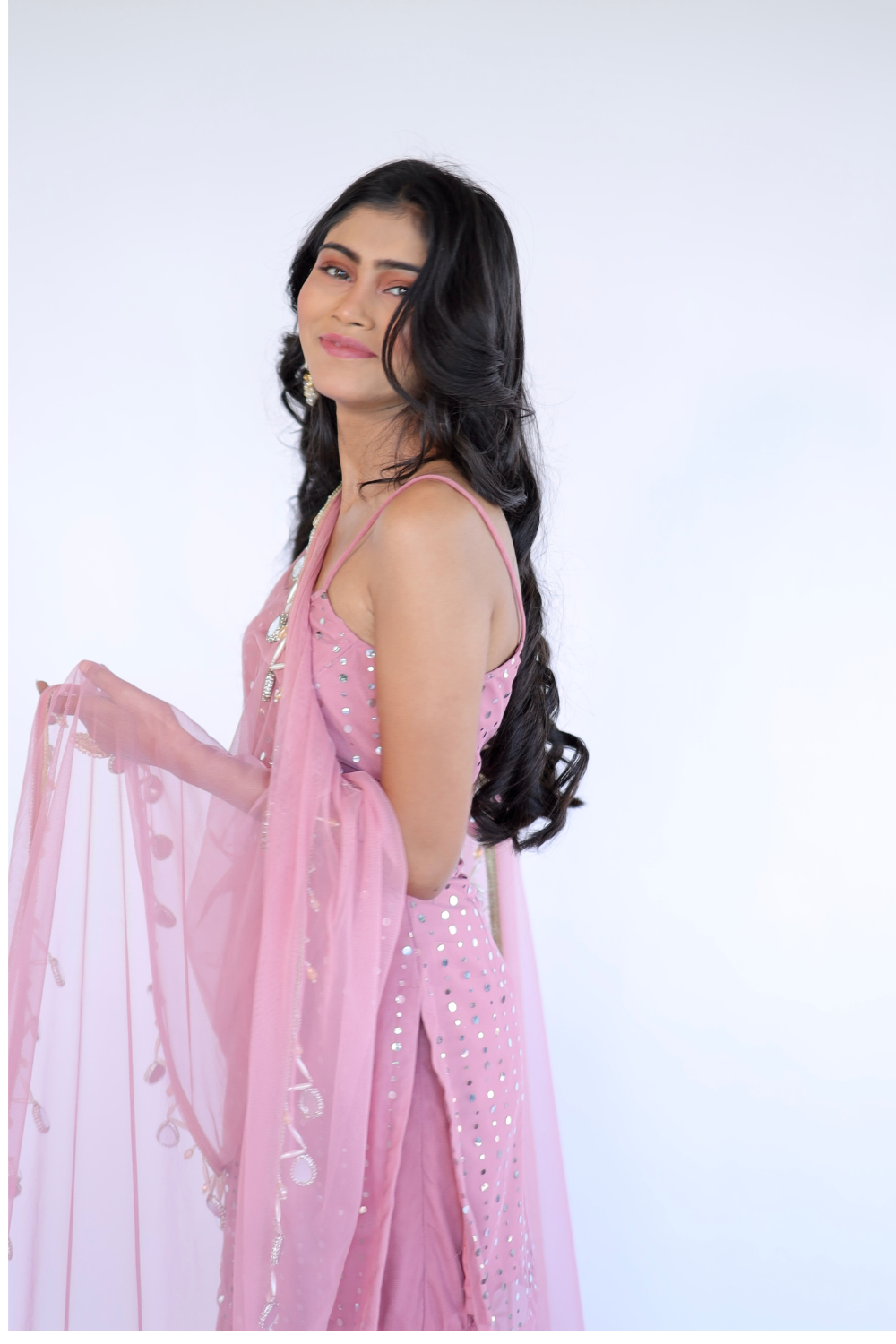 Soft pink Keeva Sharara set by Imagine By Shiwali, featuring a flowy top and matching wide-leg pants, stylish and elegant.