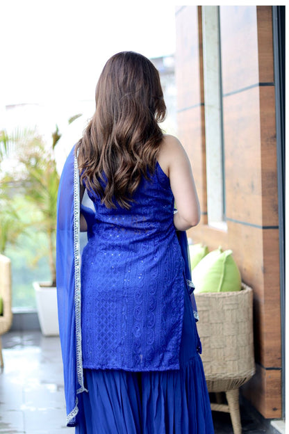 Blue Laila Chikankari sharer suit by Imagine By Shiwali with intricate embroidery, traditional Indian attire, front view.