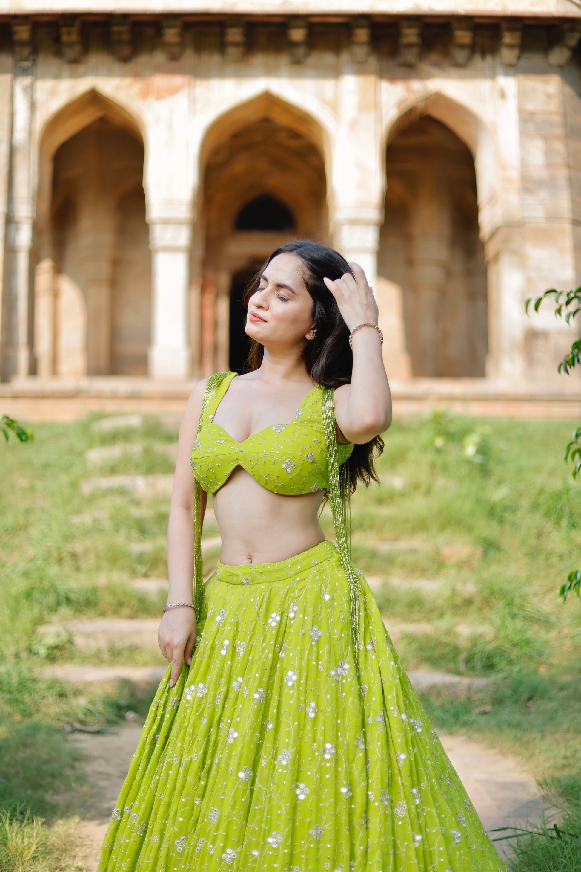 Lehra Lime Blossom Mirror Lehenga Set by Imagine By Shiwali, featuring intricate mirror work and traditional embroidery.