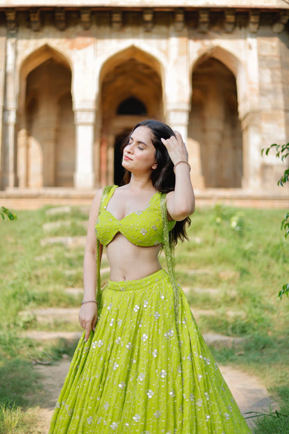 Lehra Lime Blossom Mirror Lehenga Set by Imagine By Shiwali, featuring intricate mirror work and traditional embroidery.