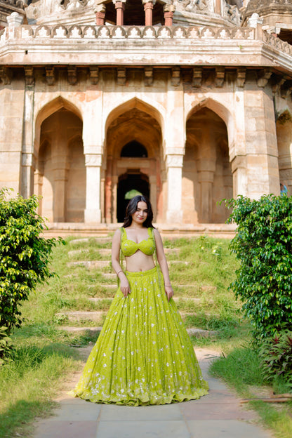 Lehra Lime Blossom Mirror Lehenga Set by Imagine By Shiwali featuring a vibrant lime green mirror-work lehenga and matching choli.