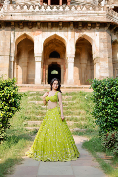 Lehra Lime Blossom Mirror Lehenga Set by Imagine By Shiwali featuring intricate mirror work and vibrant lime green fabric.