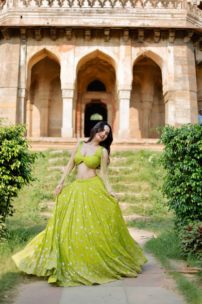 Lehra Lime Blossom Mirror Lehenga Set by Imagine By Shiwali featuring intricate mirror work and vibrant lime green fabric.