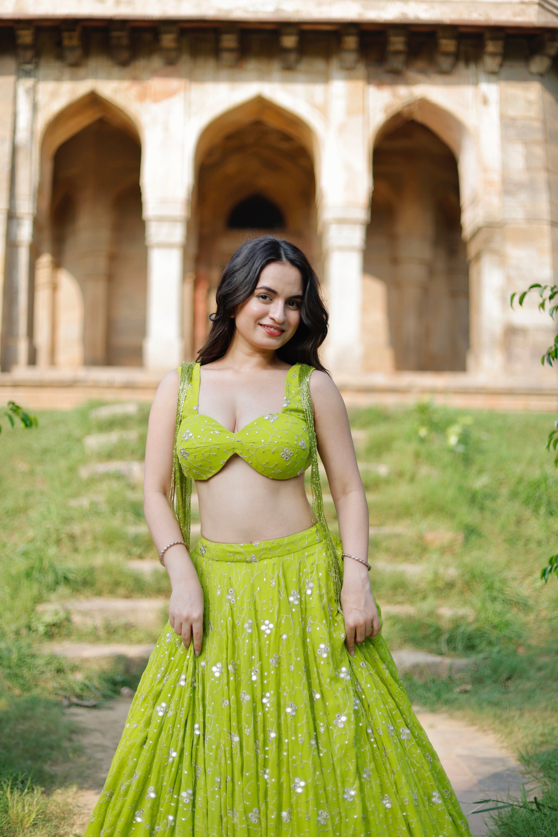 Lehra Lime Blossom Mirror Lehenga Set by Imagine By Shiwali, featuring intricate mirror work and vibrant lime green floral design.