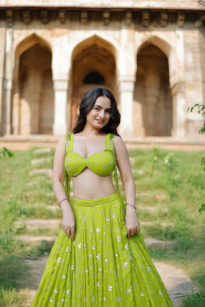 Lehra Lime Blossom Mirror Lehenga Set by Imagine By Shiwali, featuring intricate mirror work and vibrant lime green floral design.