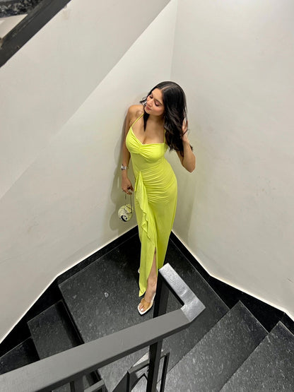 Lemon yellow midi dress from Imagine By Shiwali in XXS size, featuring a fitted silhouette and smooth lycra fabric.