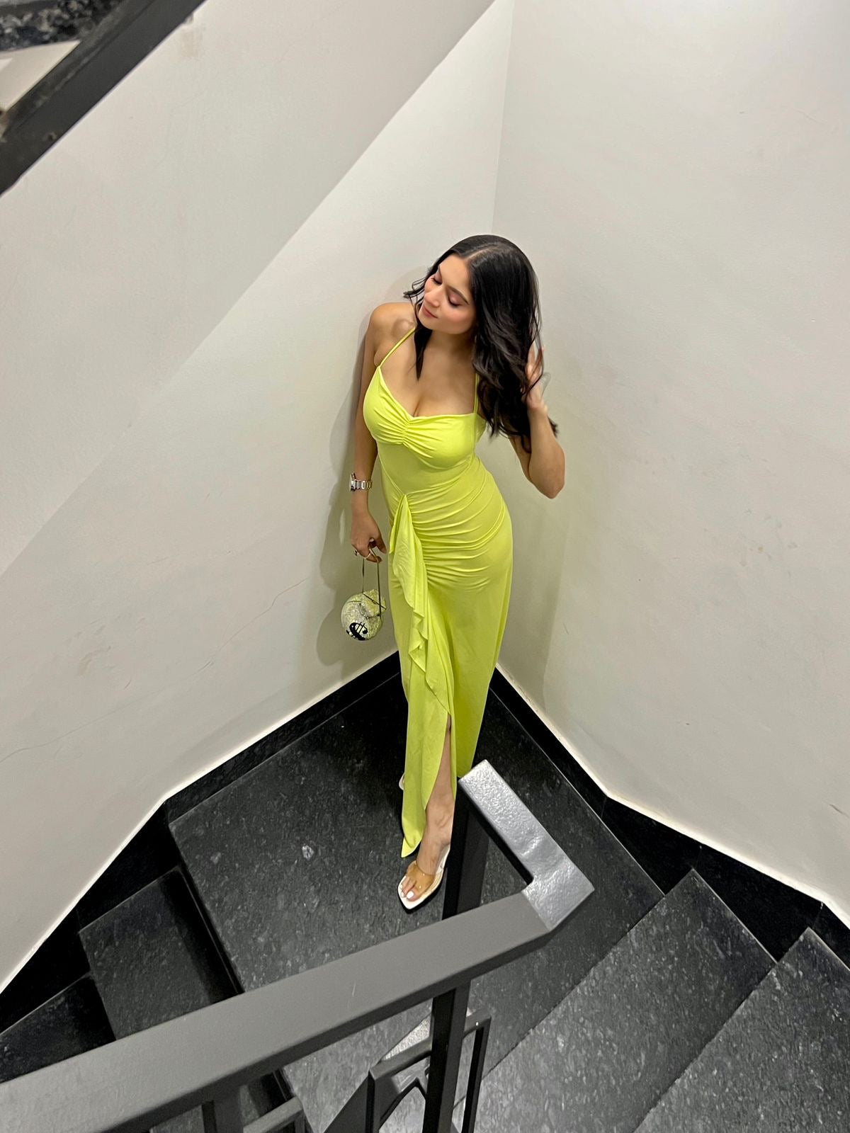 Lemon yellow midi dress by Imagine By Shiwali featuring a fitted silhouette and midi length, made from stretchy lycra fabric.