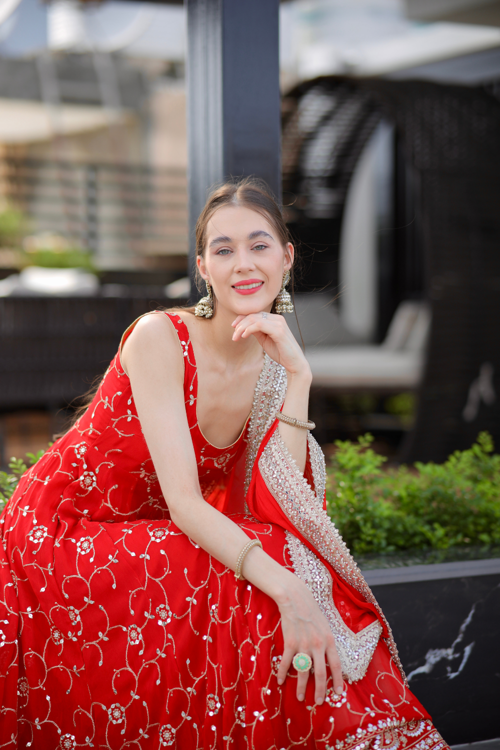 Red Maastani Anarkali dress by Imagine By Shiwali, featuring intricate embroidery and flowing fabric.