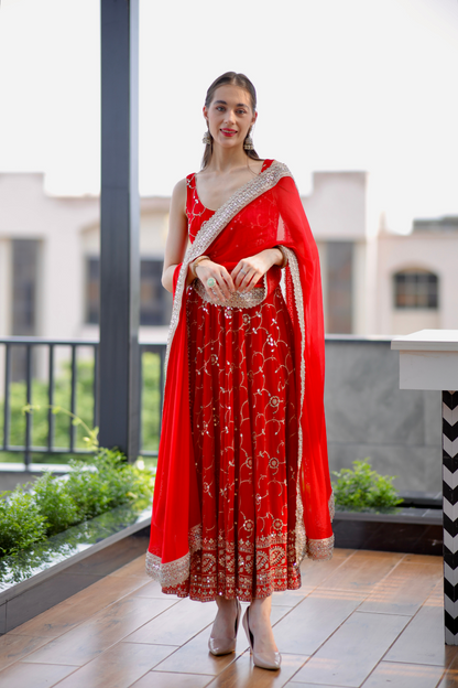 Red Maastani Anarkali dress by Imagine By Shiwali with intricate embroidery and flowing silhouette.
