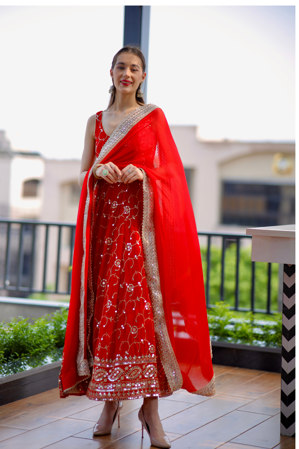 Red Maastani Anarkali dress by Imagine By Shiwali with intricate embroidery and flowing silhouette, perfect for festive occasions.