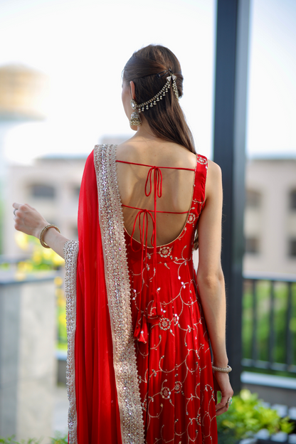 Red Maastani Anarkali dress by Imagine By Shiwali featuring intricate embroidery and traditional design.