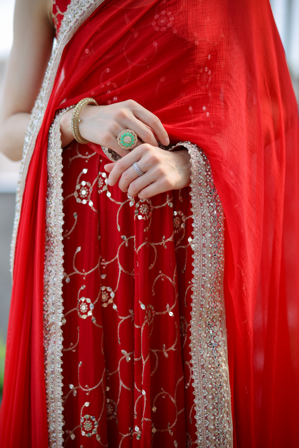 Red Maastani Anarkali dress by Imagine By Shiwali, featuring intricate embroidery and flowing fabric.