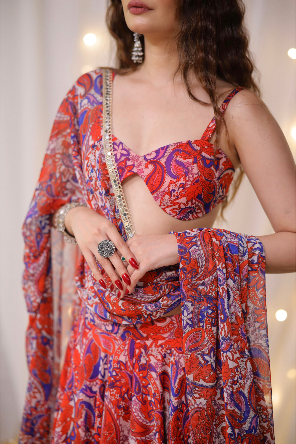 Multicolor paisley printed Lehenga set by Imagine By Shiwali, featuring intricate embroidery and flowing fabric.