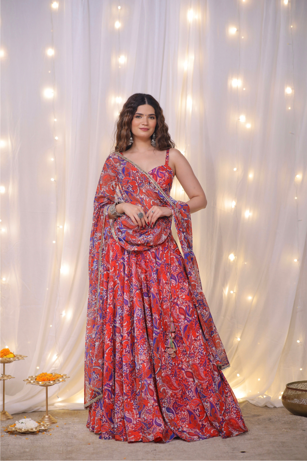 Multicolor paisley printed lehenga set by Imagine by Shiwali featuring a vibrant, traditional Indian design with matching top and skirt.