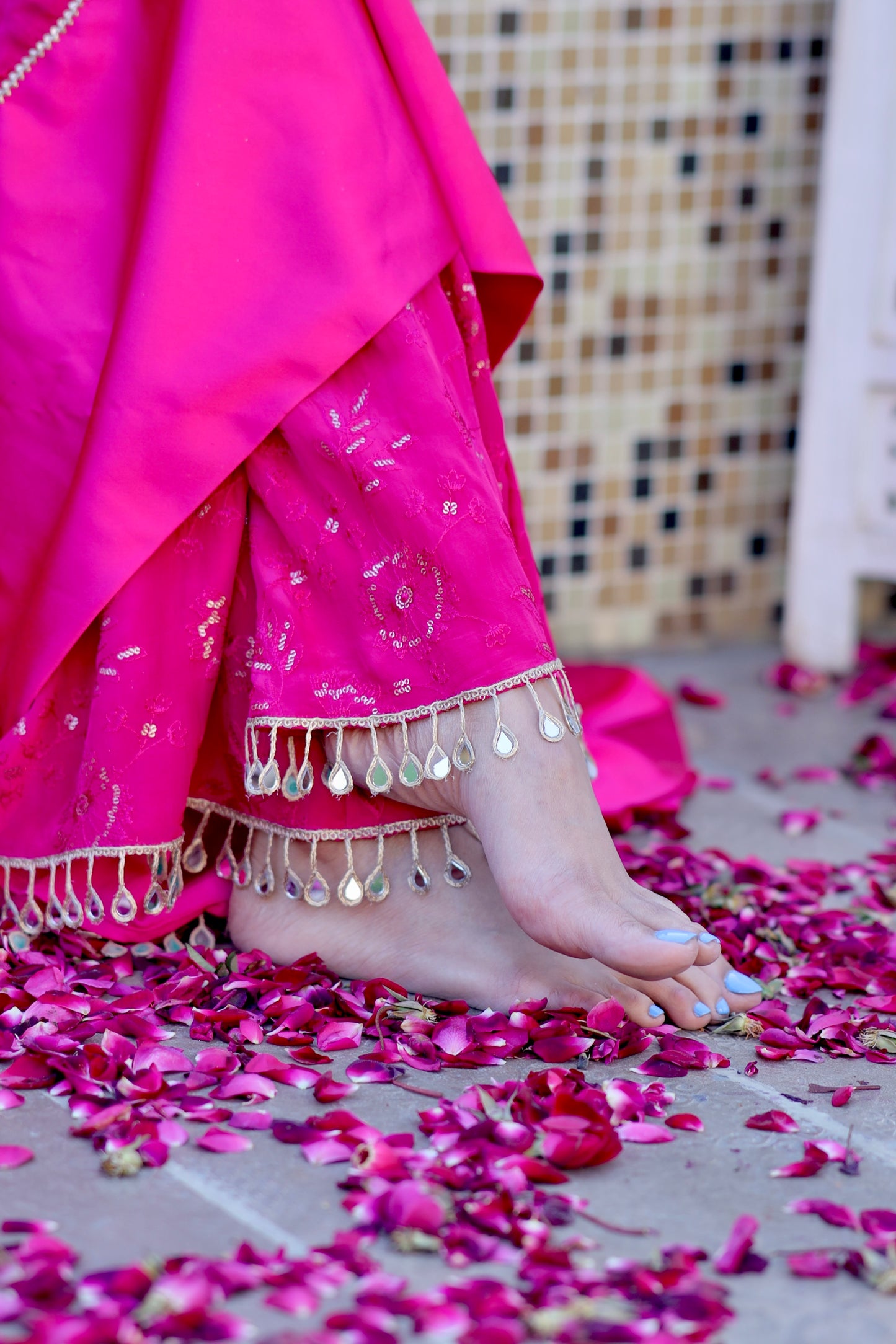 Imagine by Shiwali Nurvi hot pink Anarkali with matching plazo pants, detailed embroidery and flowing fabric, traditional Indian attire.