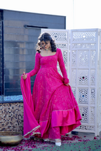 Hot pink Nurvi Anarkali suit with plazo pants by Imagine by Shiwali, featuring intricate embroidery and traditional design.
