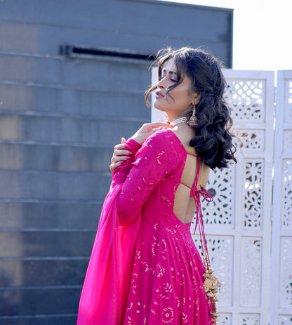 Hot pink Nurvi Anarkali with plazo pants by Imagine, intricate embroidery, flowing fabric, traditional Indian style.