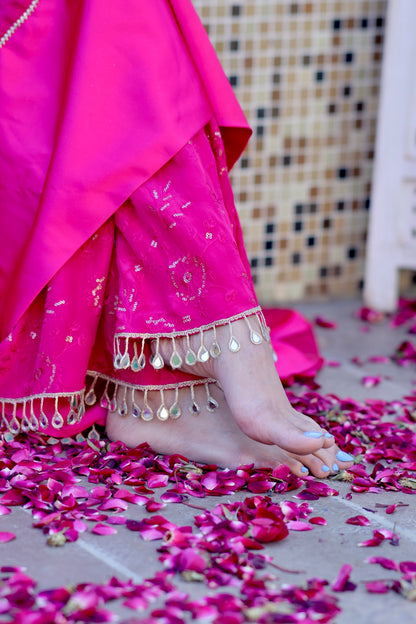 Nurvi hot pink Anarkali suit with plazo pants by Imagine by Shiwali, showcasing intricate embroidery and flowing fabric.