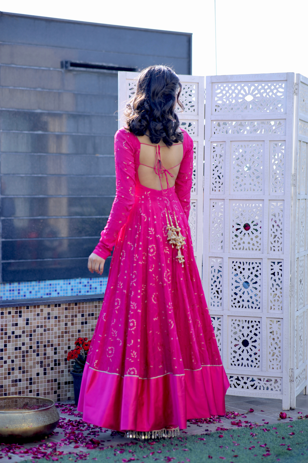 Hot pink Nurvi Anarkali suit with matching plazo pants by Imagine By Shiwali, showcasing intricate embroidery and flowy fabric.
