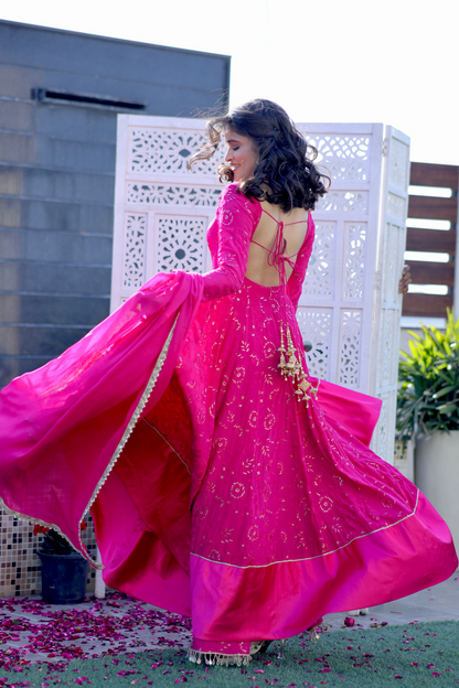 Hot pink Nurvi Anarkali suit with matching plazo pants by Imagine By Shiwali, featuring intricate embroidery and elegant design.