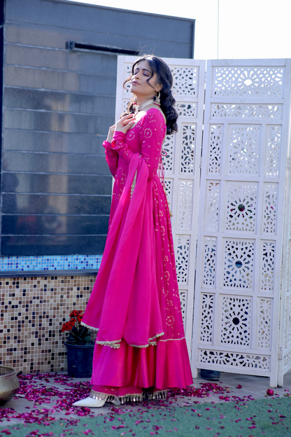 Hot pink Nurvi Anarkali dress with matching plazo pants from Imagine By Shiwali, elegant traditional Indian attire.