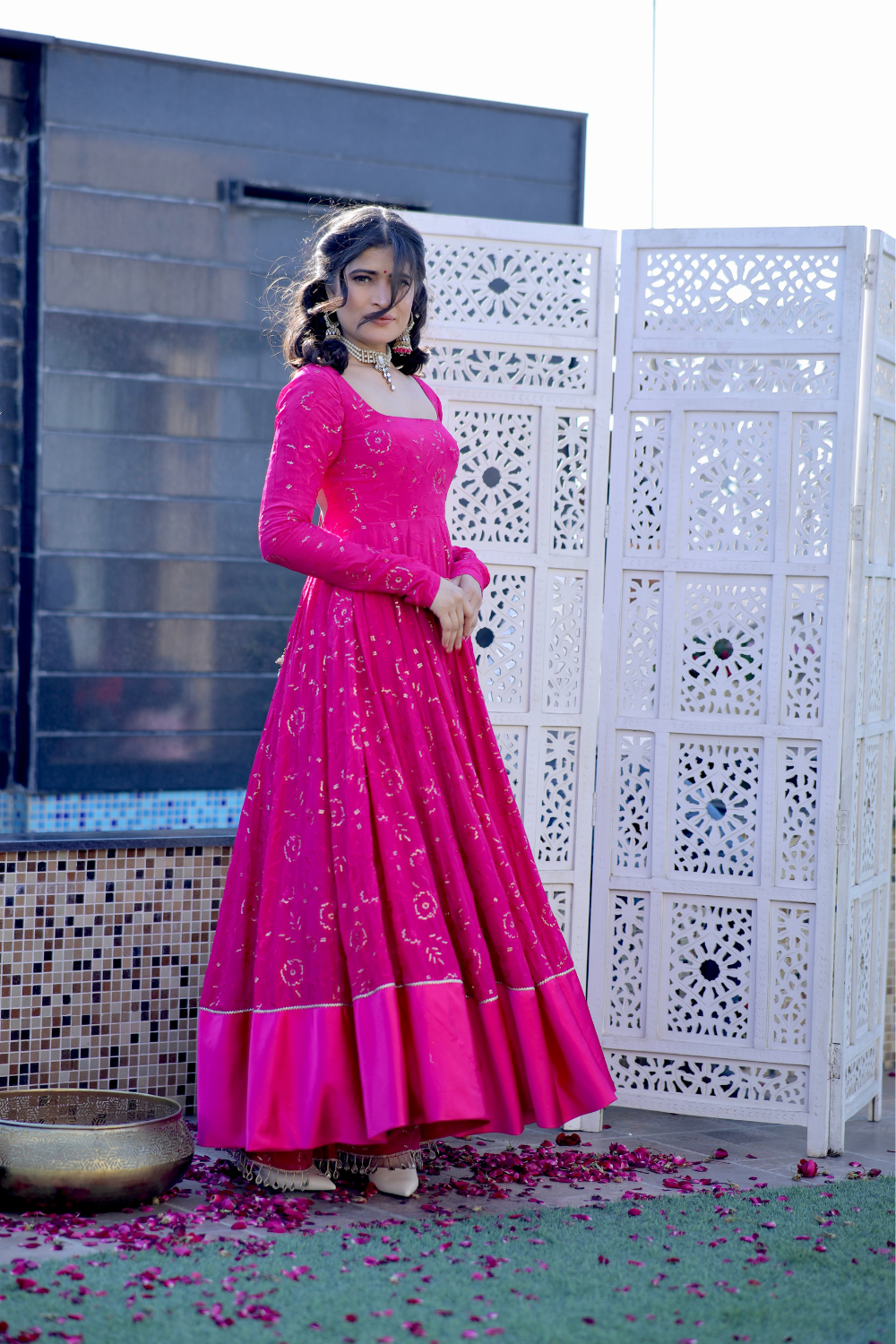 Hot pink Nurvi Anarkali suit with plazo pants by Imagine By Shiwali, detailed embroidery and flowing fabric.