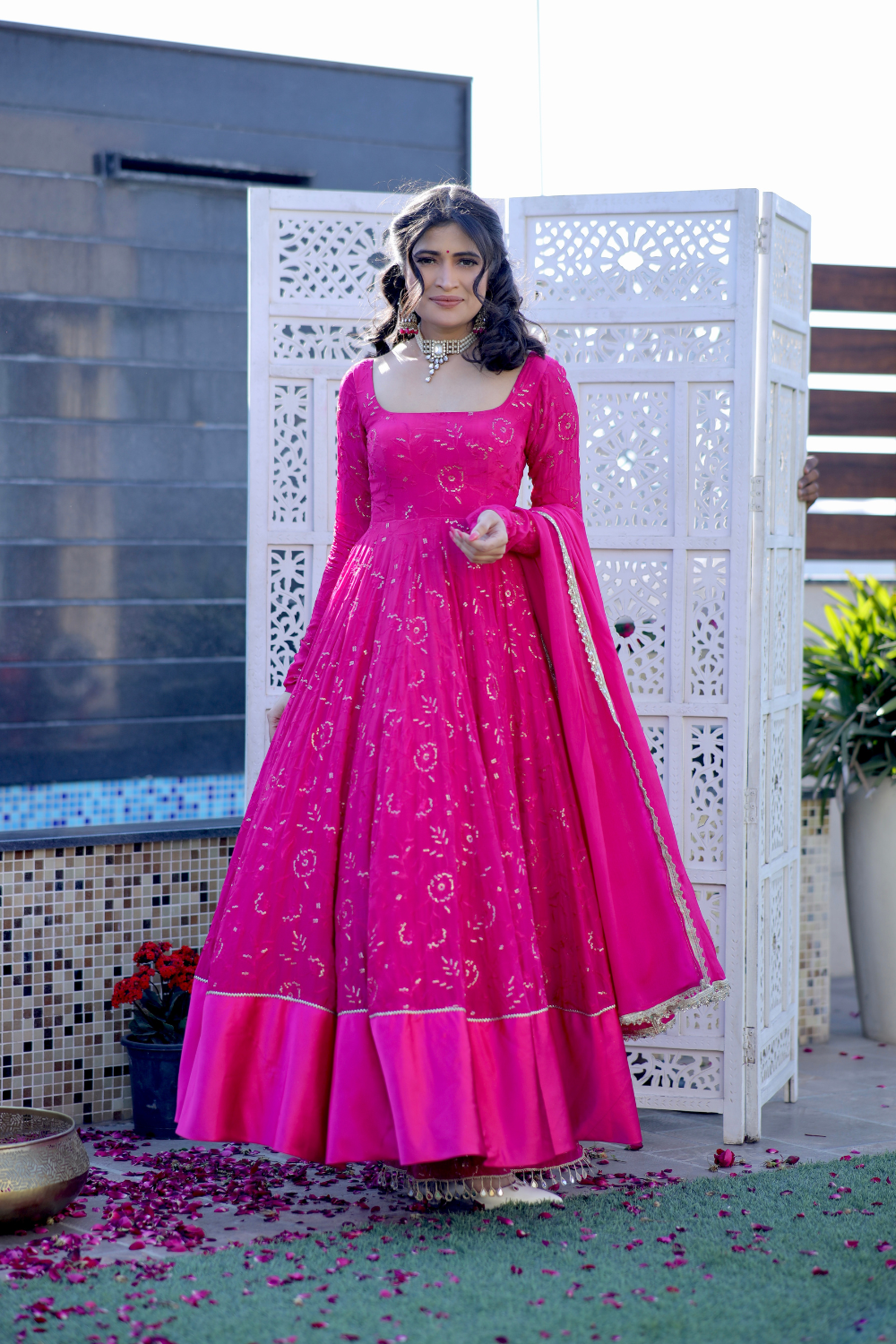 Hot pink Nurvi Anarkali suit with plazo pants from Imagine By Shiwali, featuring intricate embroidery and traditional design.