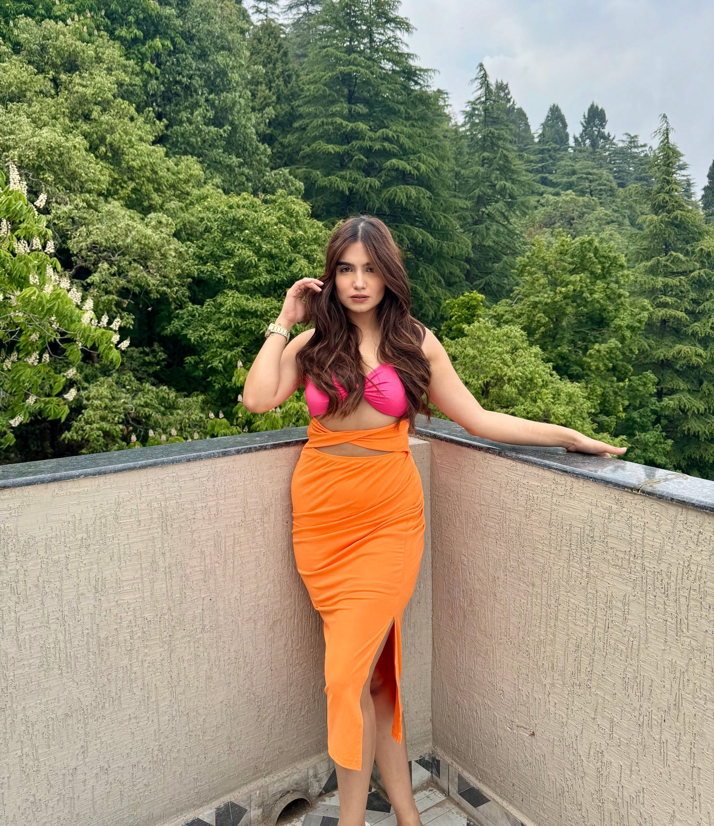 Pink and orange Perry cut-out dress by Imagine By Shiwali, made from polyester and elastane, featuring a stylish cut-out design.