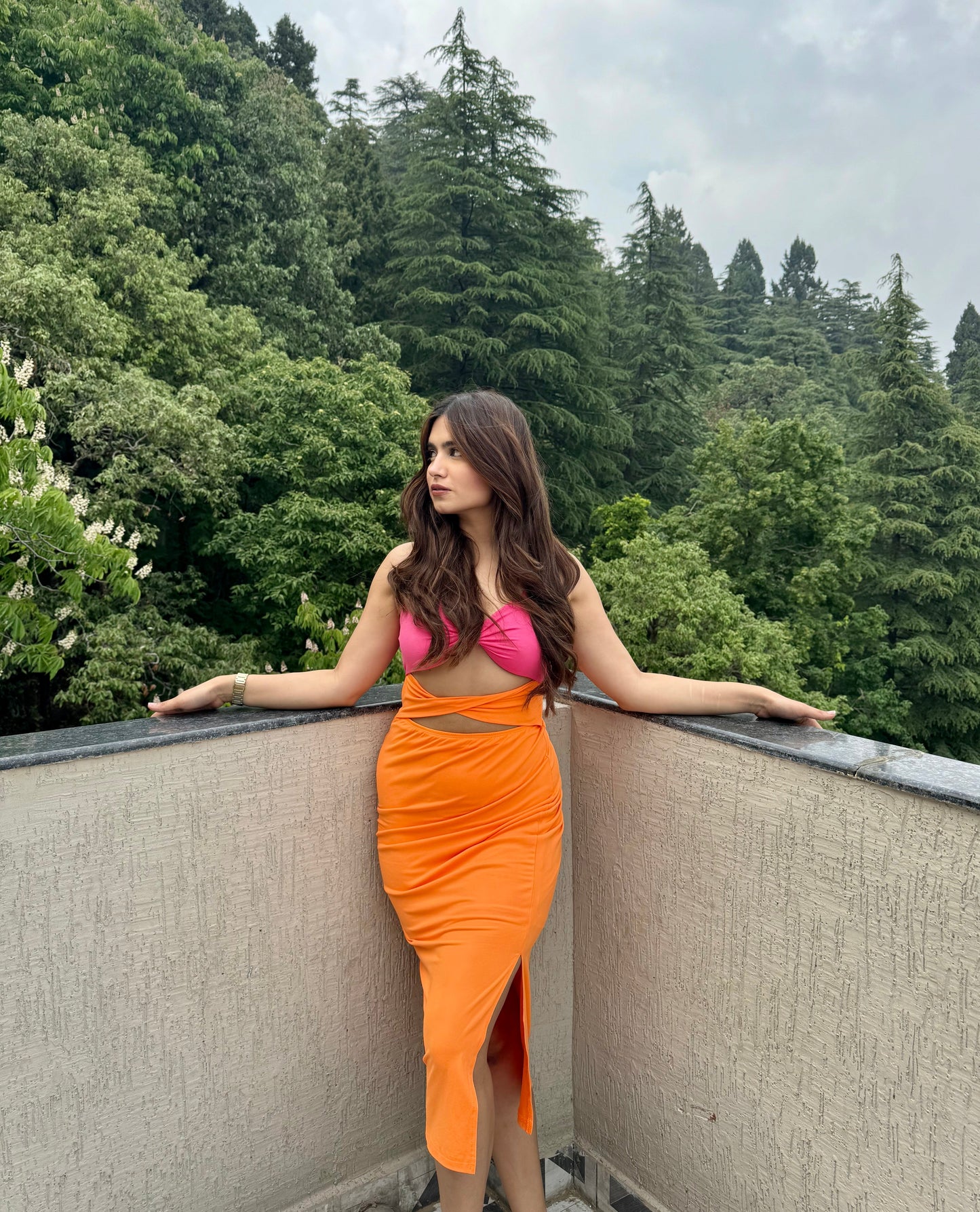 Pink and orange Perry cut-out dress by Imagine by Shiwali, polyester and elastane fabric, stylish sleeveless design.