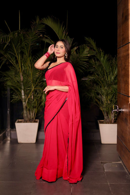 Raveena Georgette Saree with matching blouse by Imagine By Shiwali, featuring intricate design and elegant drape.