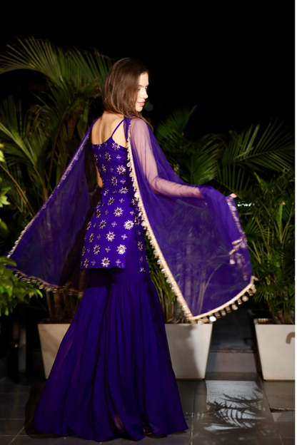Purple Rekha Sharara Suit by Imagine By Shiwali featuring intricate embroidery and flowing fabric for traditional elegance.