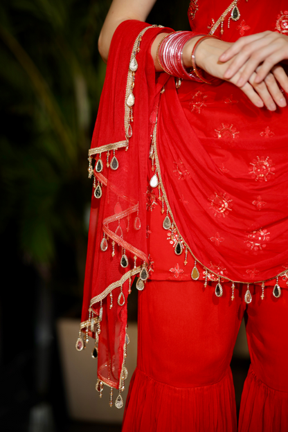 Red Rekha Sharara set by Imagine By Shiwali featuring intricate embroidery and a matching dupatta on a mannequin.