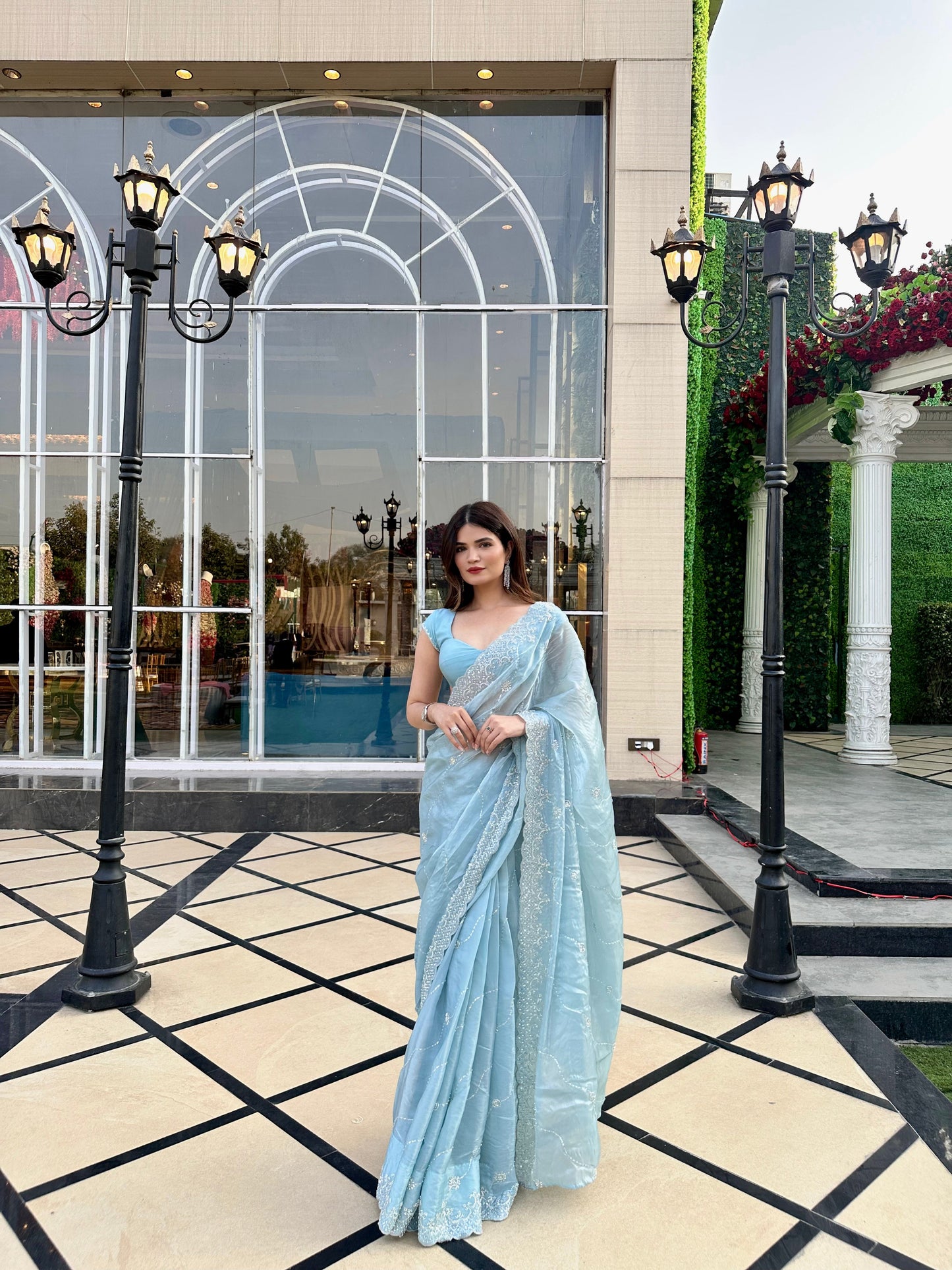 Blue Reva saree by Imagine By Shiwali with intricate embroidery and elegant drape, shown on a mannequin.