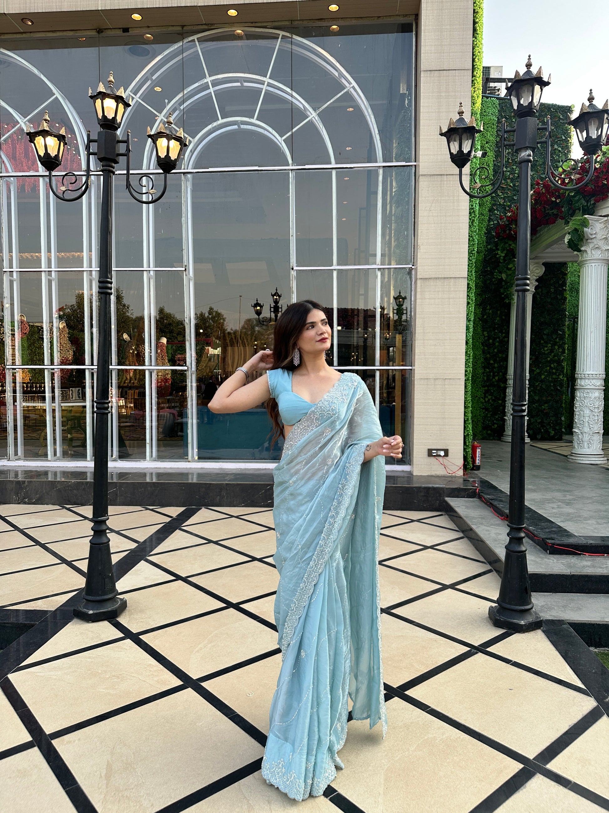 Blue Reva saree by Imagine By Shiwali featuring intricate traditional embroidery and elegant draping.